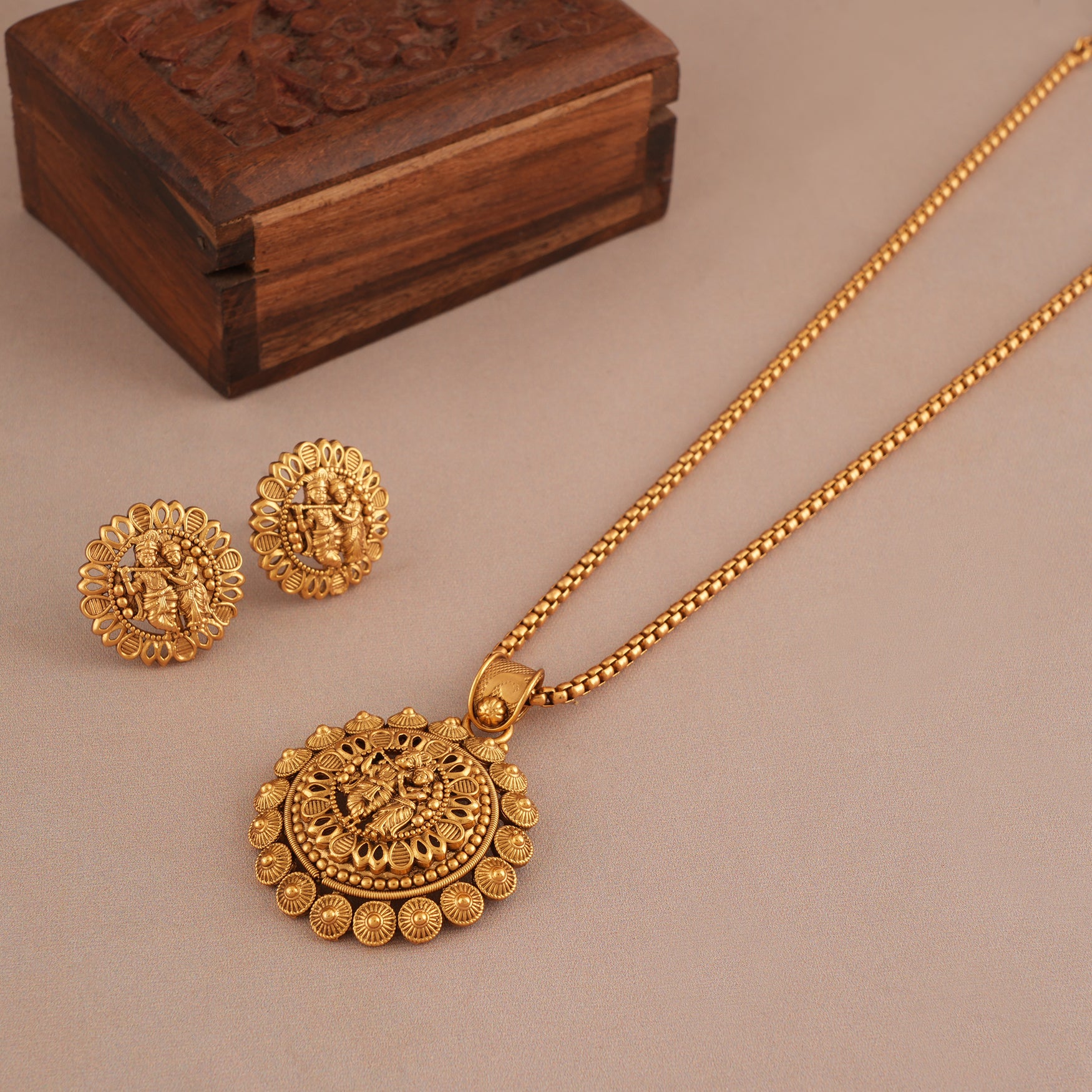 Antique gold radha krishna pendant set for women  I Temple jewellery