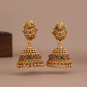 Antique gold stone jhumka lakshmi ma earring I Temple Jewellery