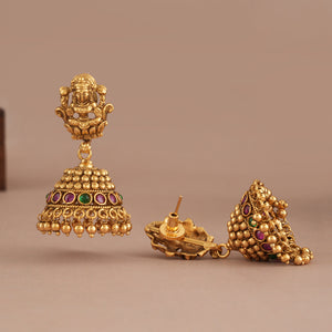 Antique gold stone jhumka lakshmi ma earring I Temple Jewellery