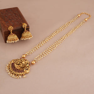 Long antique gold ma lakshmi pearl necklace set I Temple Jewellery