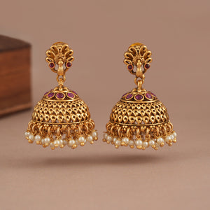 Long antique gold ma lakshmi pearl necklace set I Temple Jewellery
