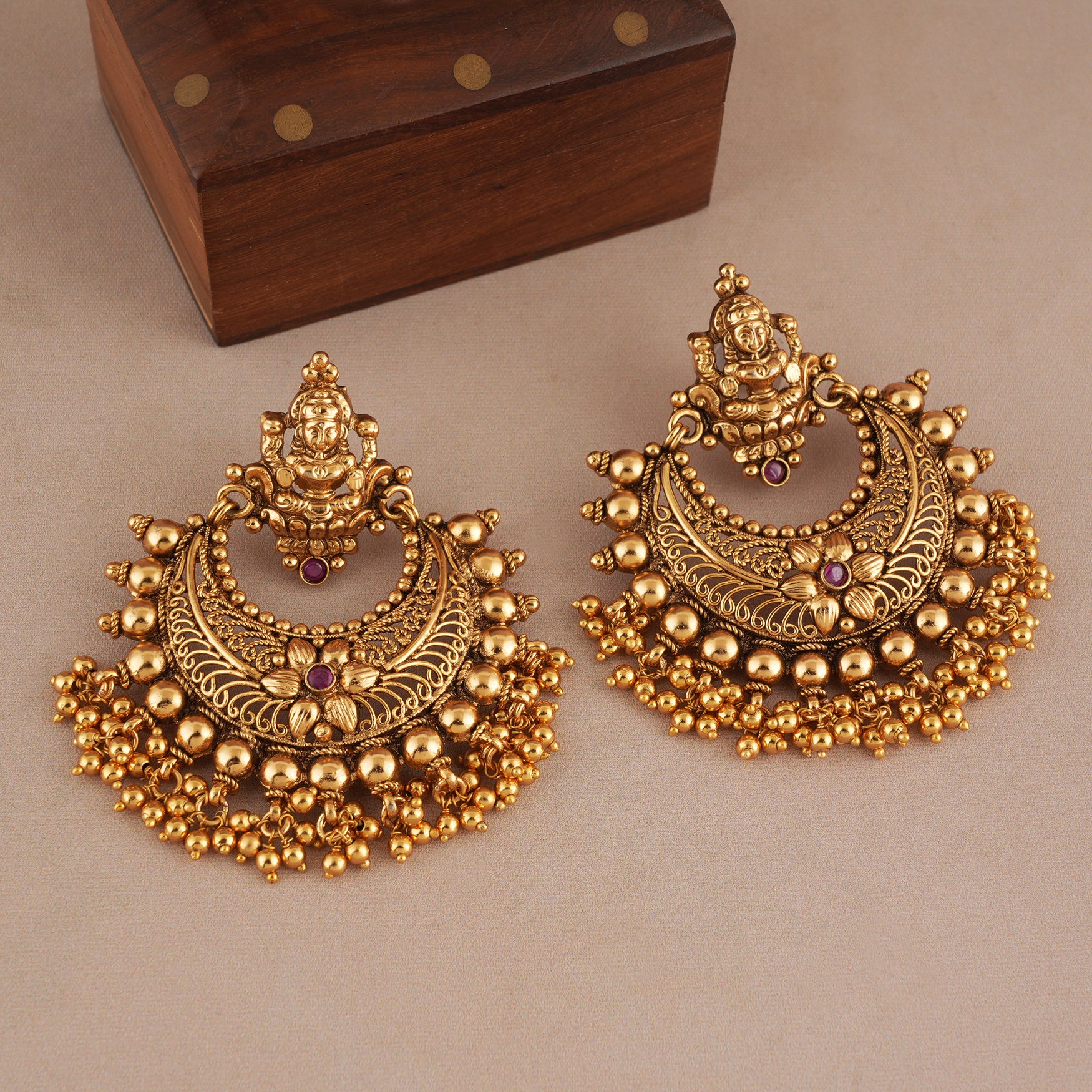Antique gold plated ma lakshmi chandbali earring I Temple