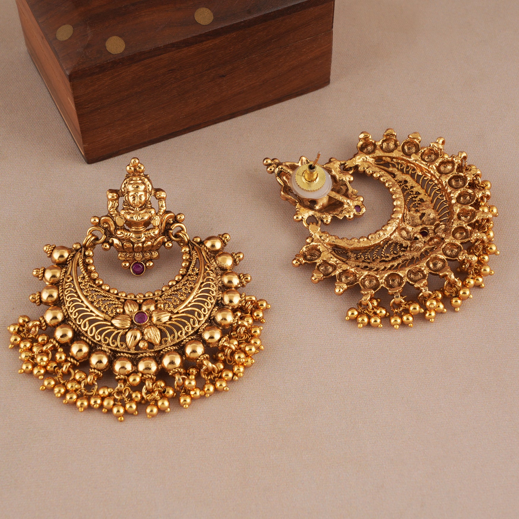 Antique gold plated ma lakshmi chandbali earring I Temple jewellery