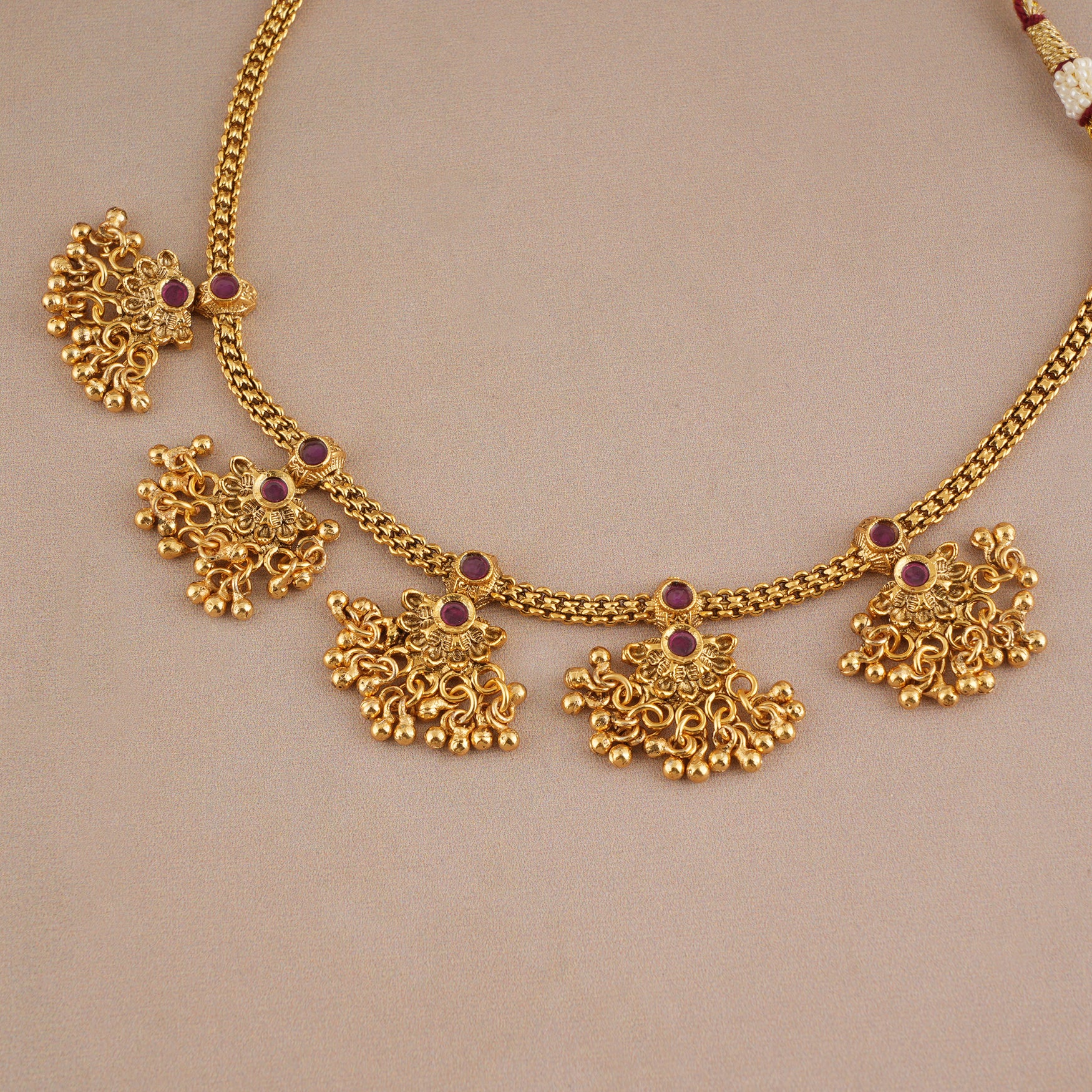 Cute antique gold plated ruby floral necklace set