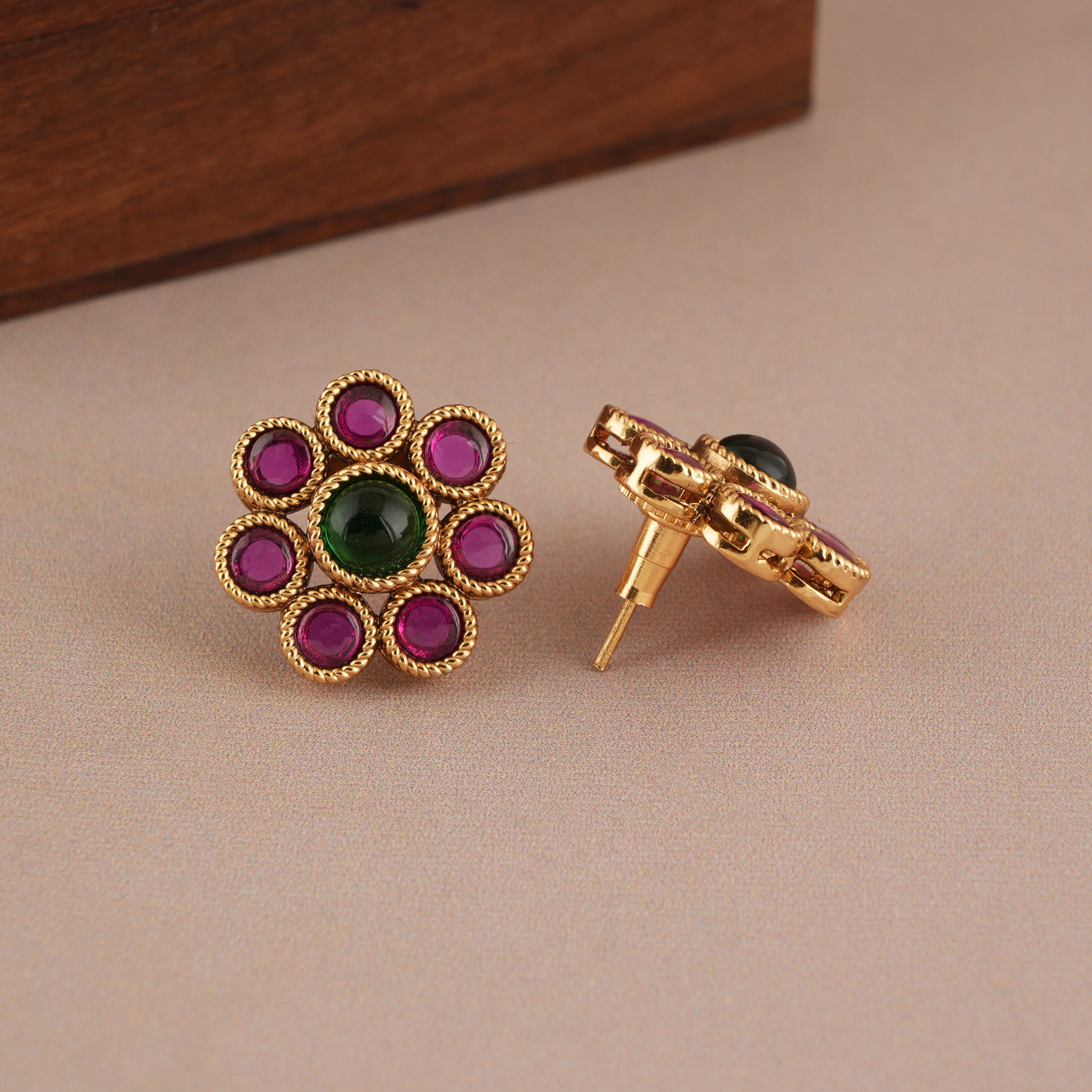 Stunning antique gold plated stone stud earring