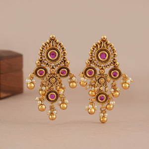 Long antique gold plated ruby stone earring