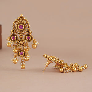 Long antique gold plated ruby stone earring