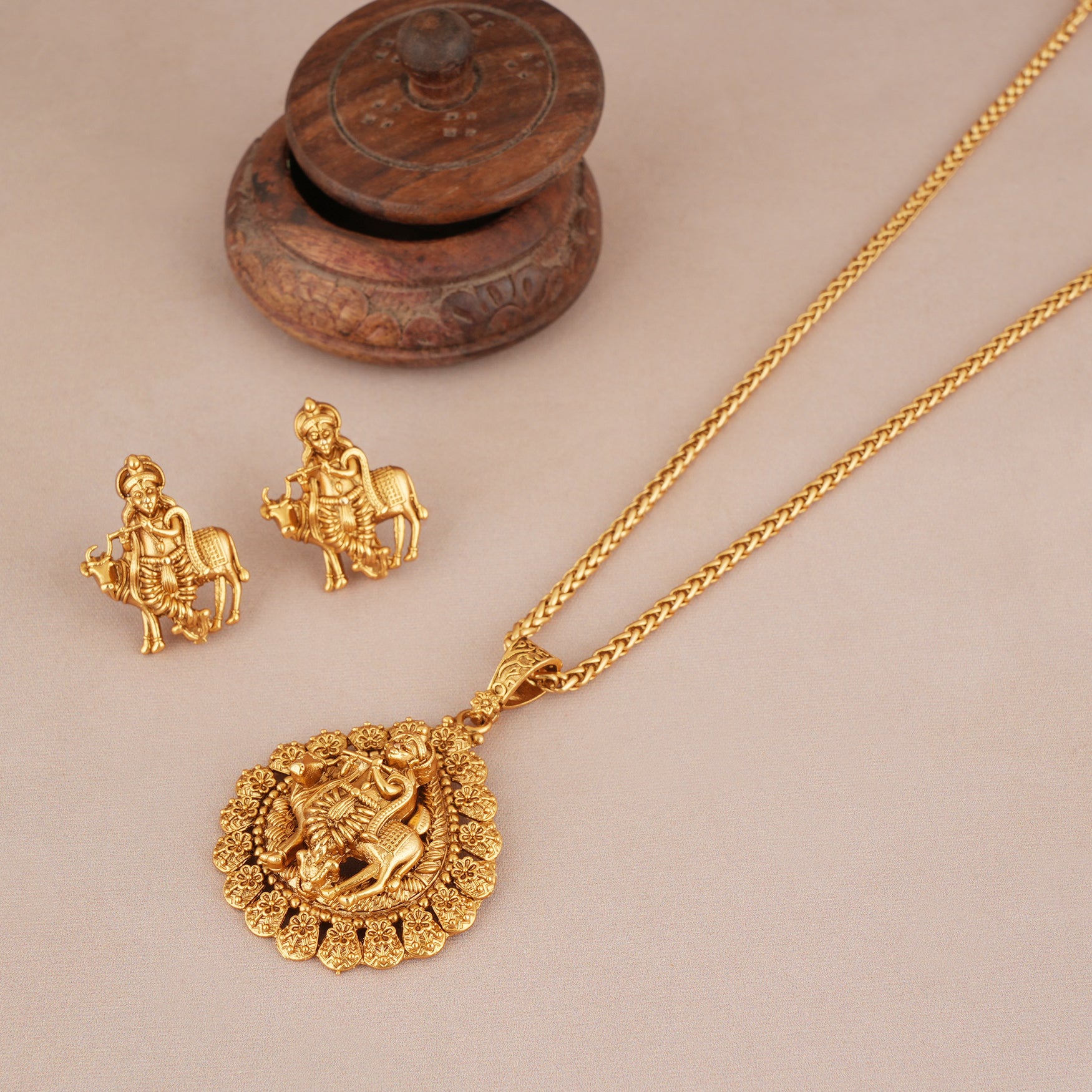Stunning plain antique gold plated krishna pendant set