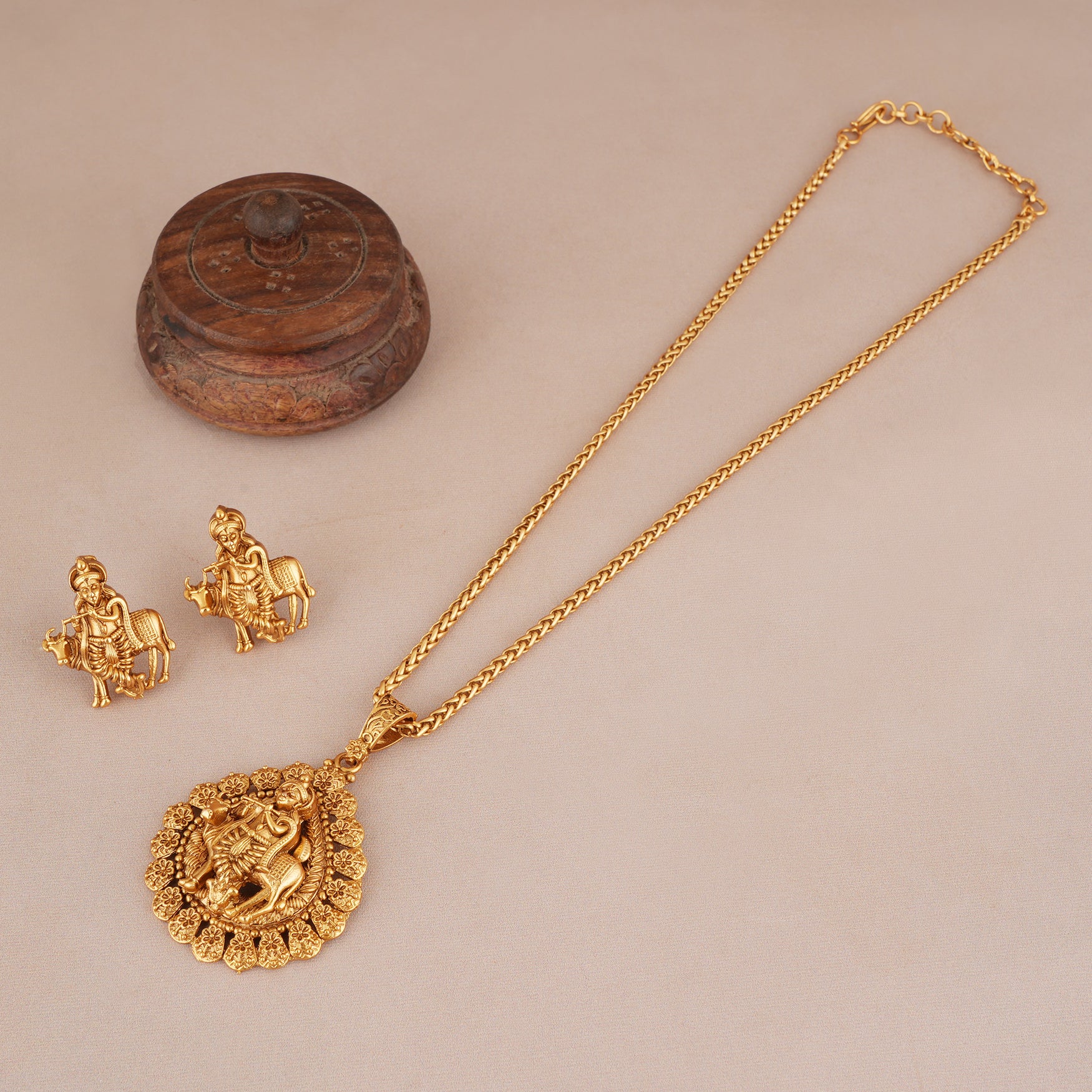Stunning plain antique gold plated krishna pendant set