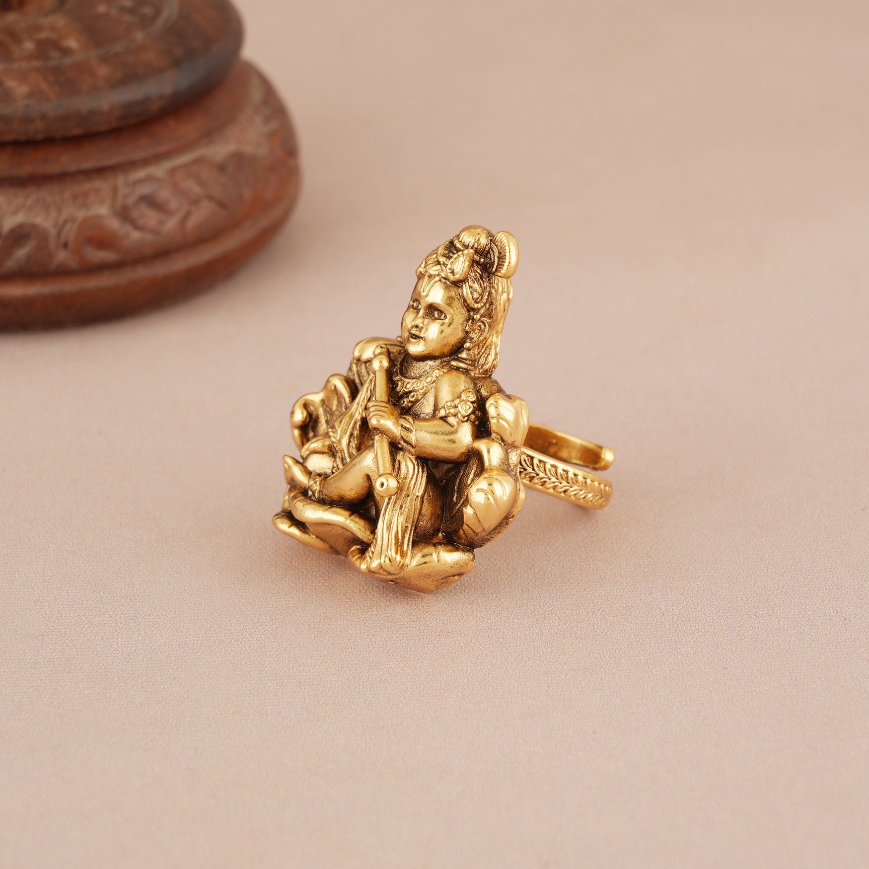 Cute antique gold plated laddu gopal krishna finger ring