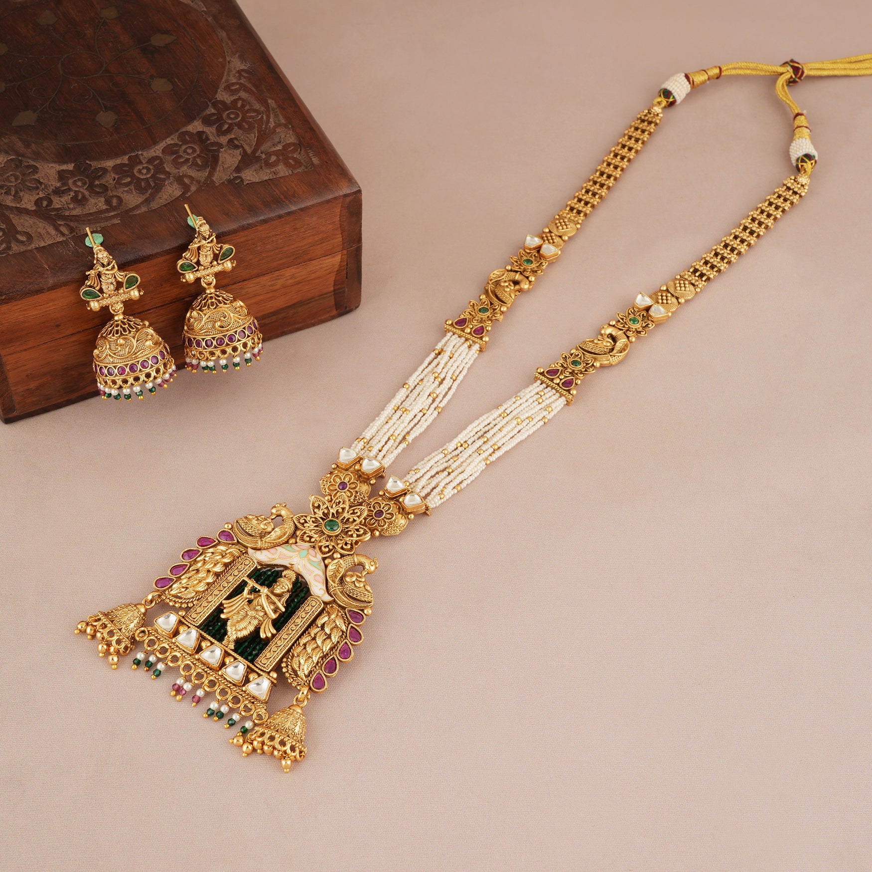Long auspicious antique gold plated krishna necklace set