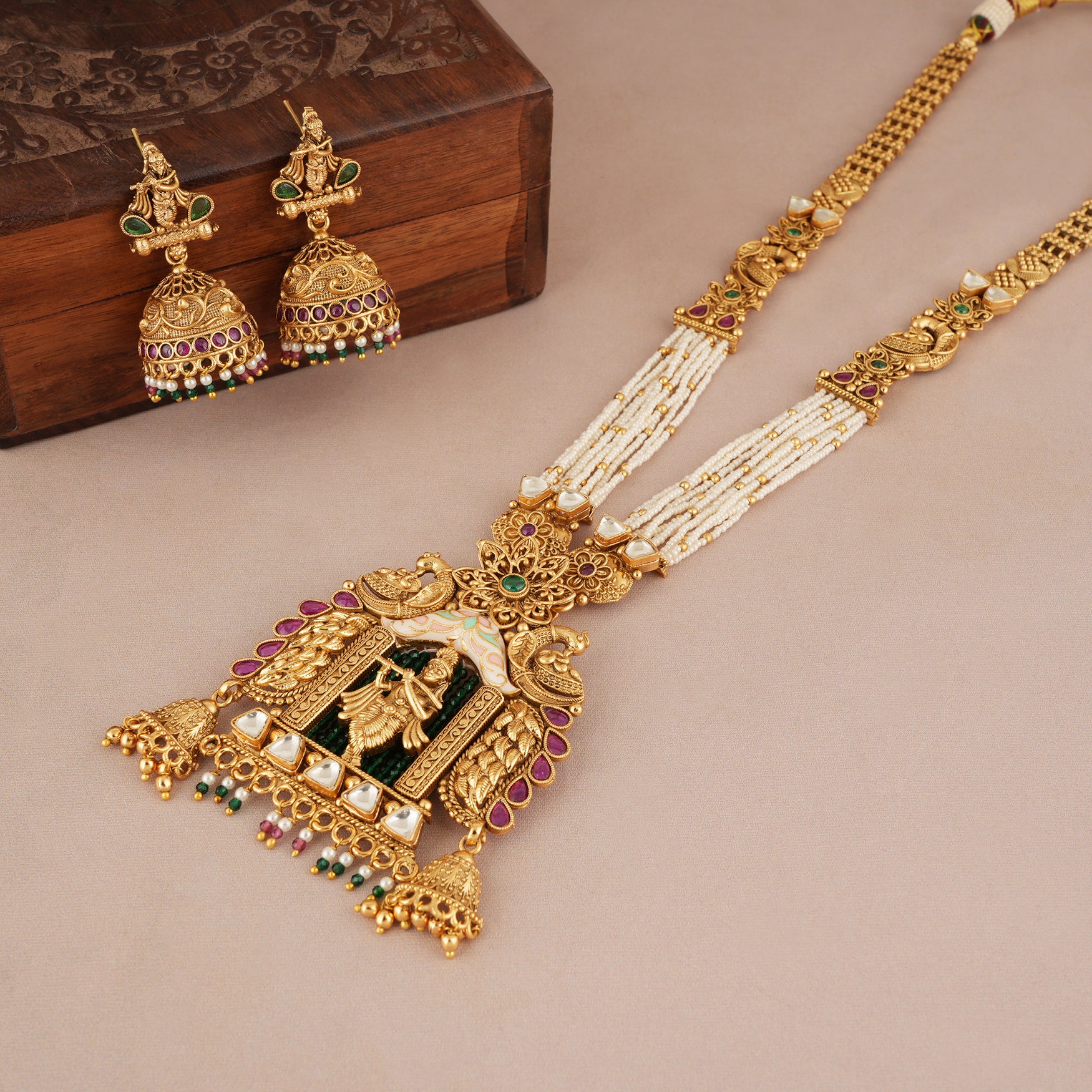 Long auspicious antique gold plated krishna necklace set