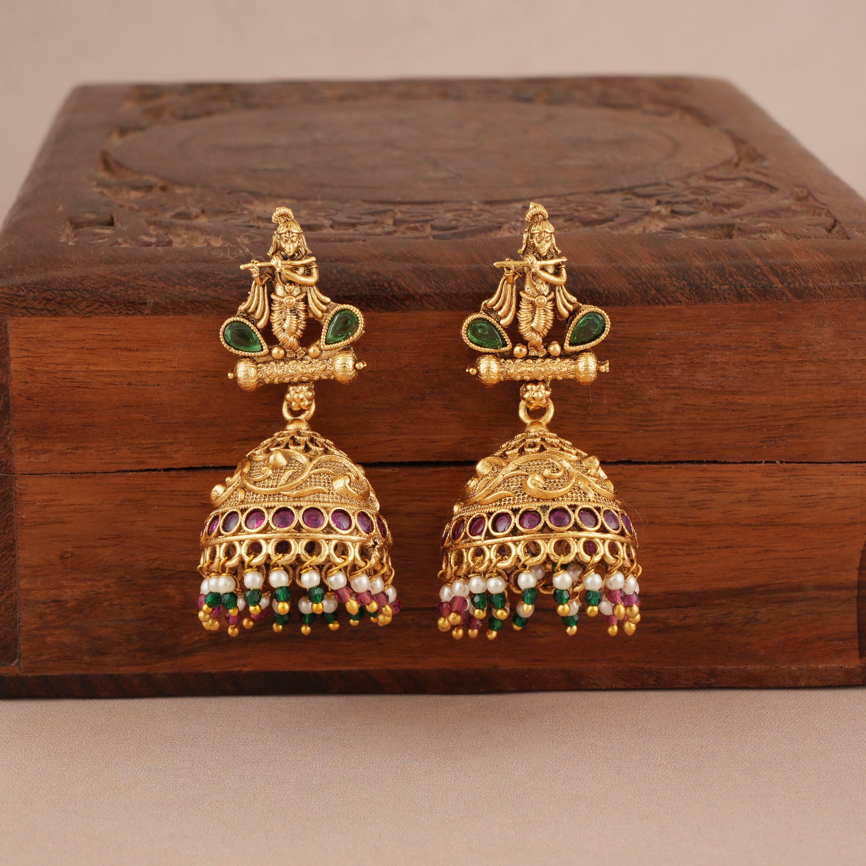 Long auspicious antique gold plated krishna necklace set