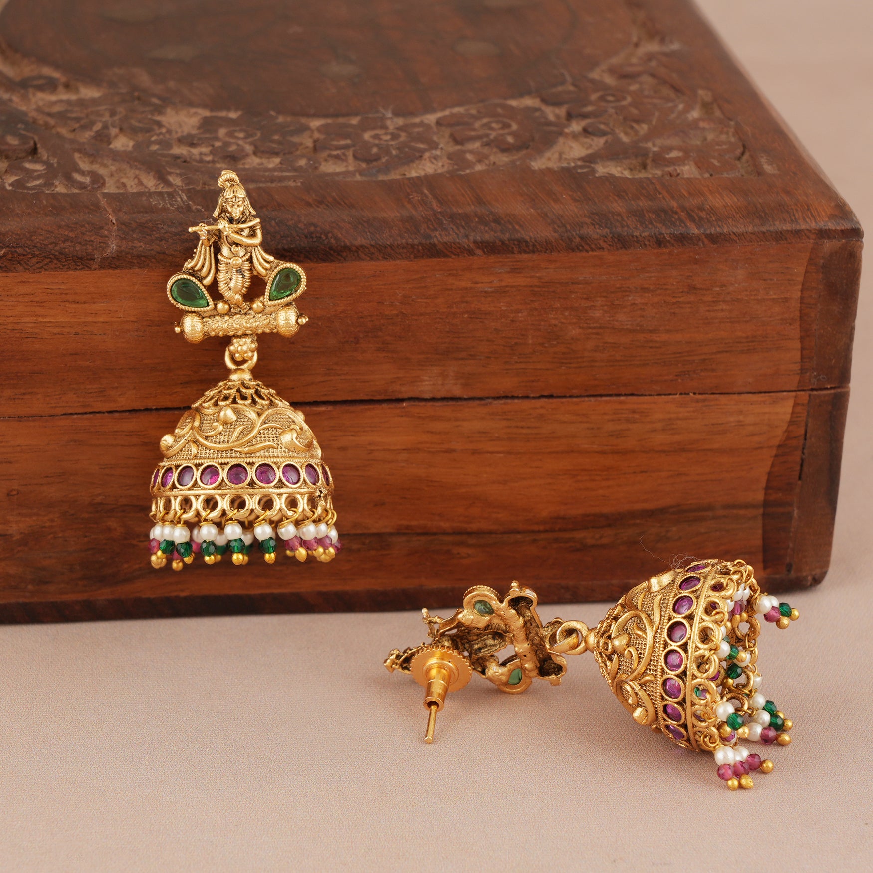 Long auspicious antique gold plated krishna necklace set