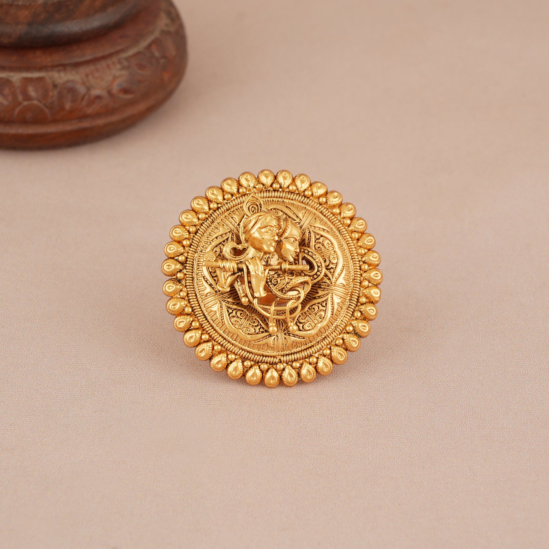 Beautiful antique gold plated round radha krishna finger ring
