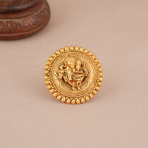 Beautiful antique gold plated round radha krishna finger ring