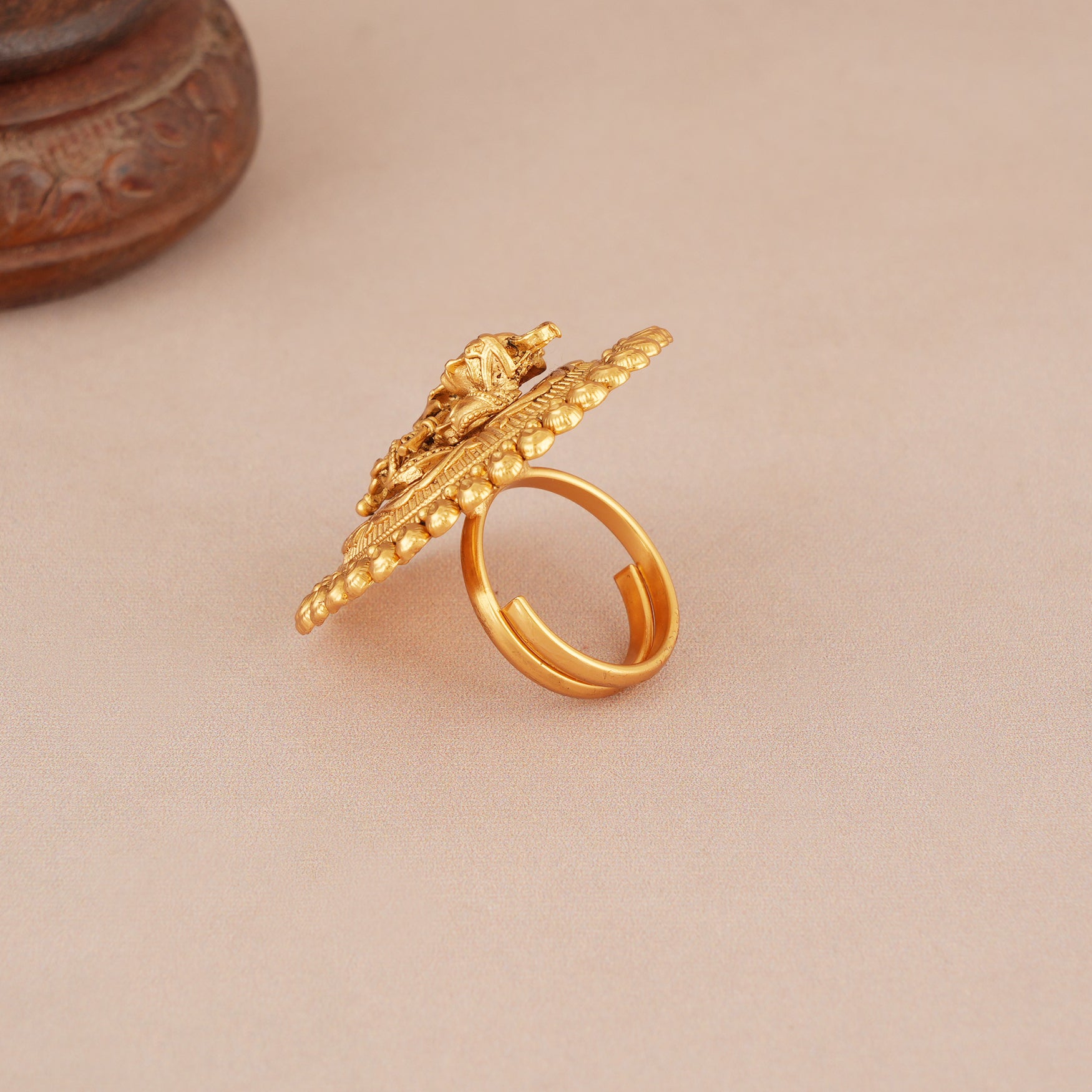 Beautiful antique gold plated round radha krishna finger ring