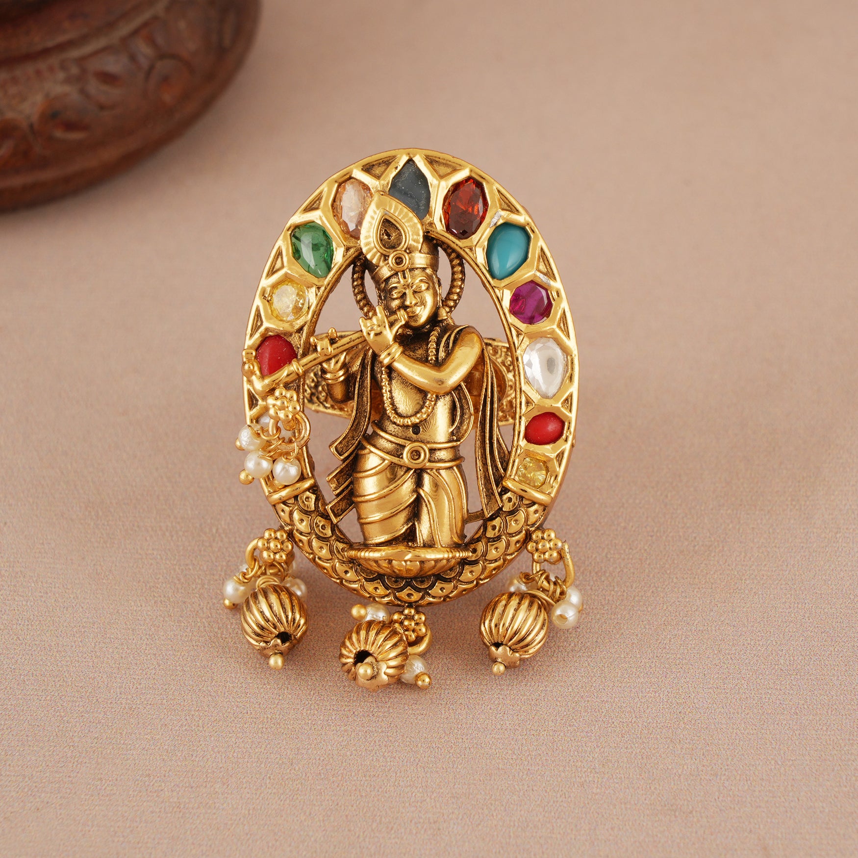 Stunning oval multicolor antique gold plated krishna finger ring
