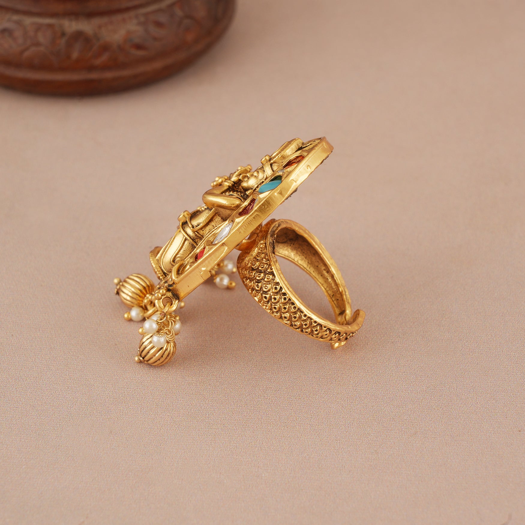 Stunning oval multicolor antique gold plated krishna finger ring