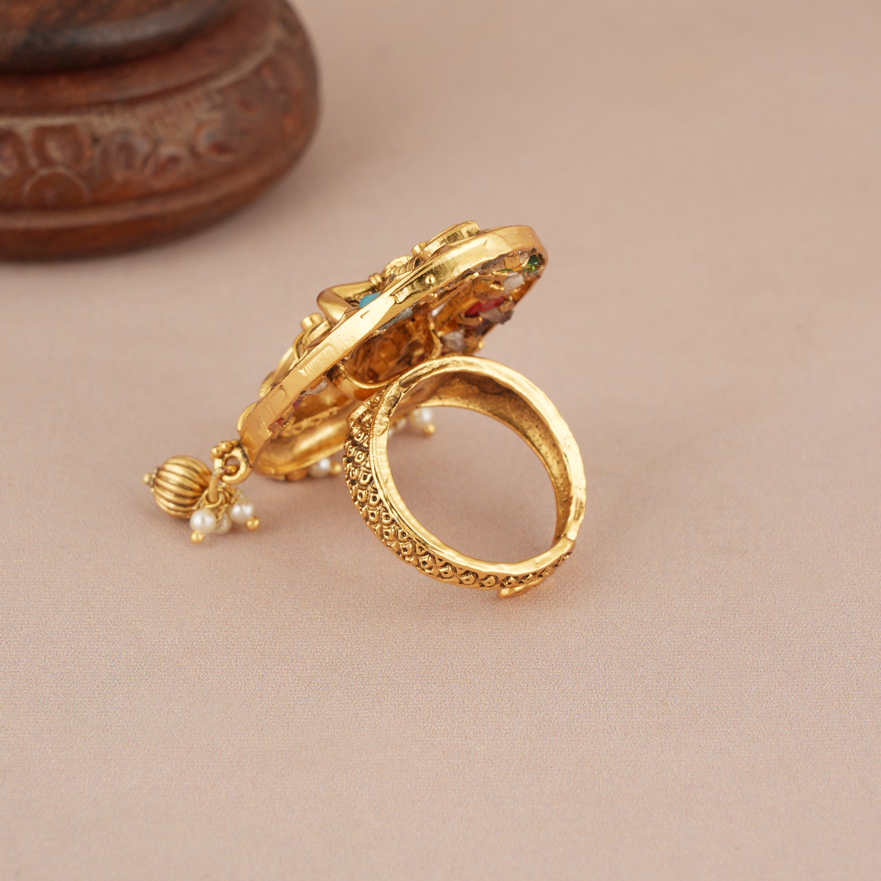 Stunning oval multicolor antique gold plated krishna finger ring