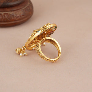 Stunning oval multicolor antique gold plated krishna finger ring