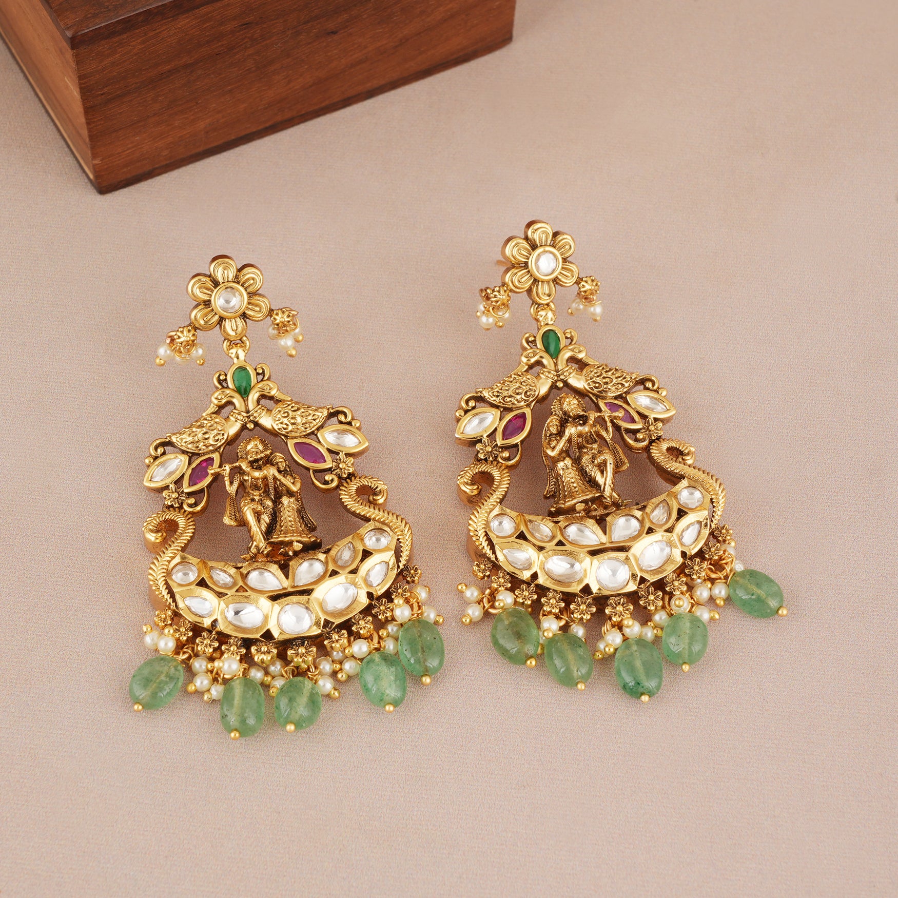 Long antique gold radha krishna stone necklace set