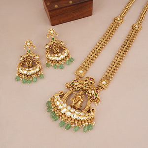 Long antique gold radha krishna stone necklace set