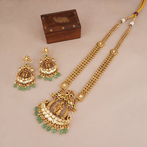 Long antique gold radha krishna stone necklace set