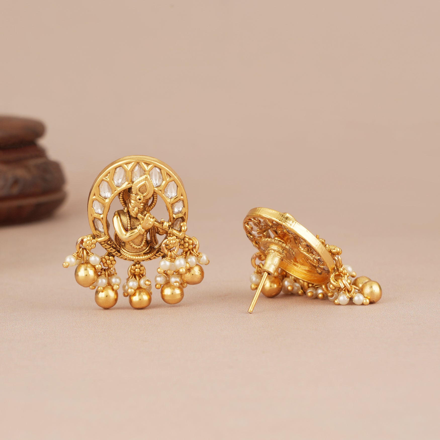 Cute antique gold plated kundan krishna earring