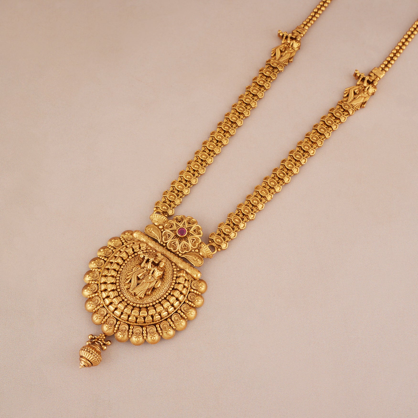 Long antique gold plated radha krishna necklace set with jhumka earring