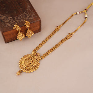Long antique gold plated radha krishna necklace set with jhumka earring