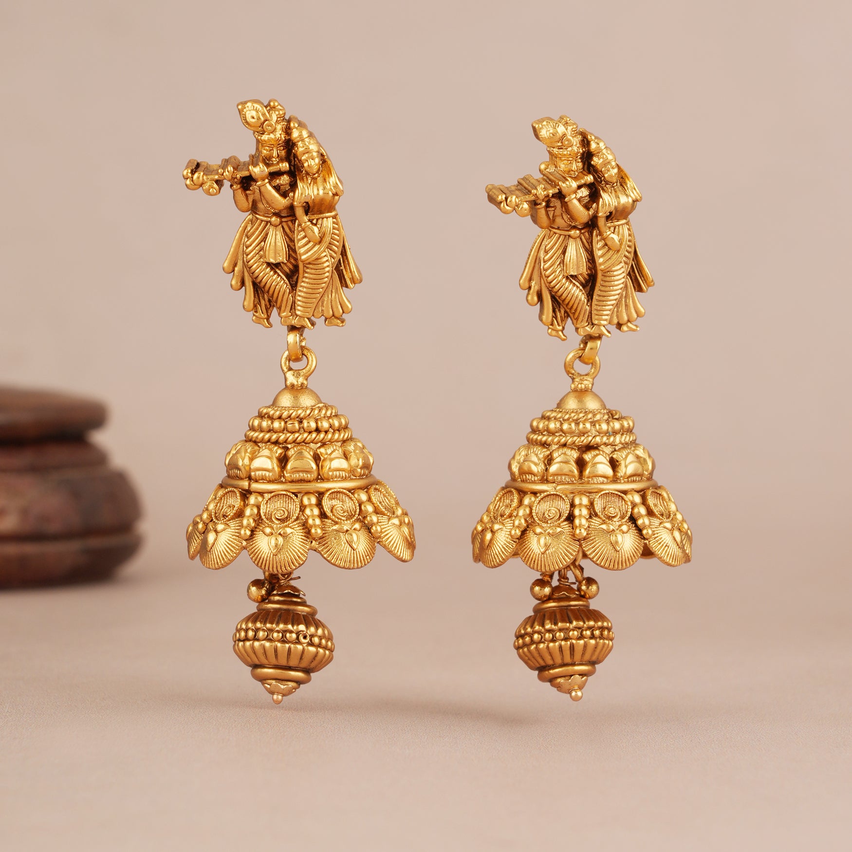 Long antique gold plated radha krishna necklace set with jhumka earring