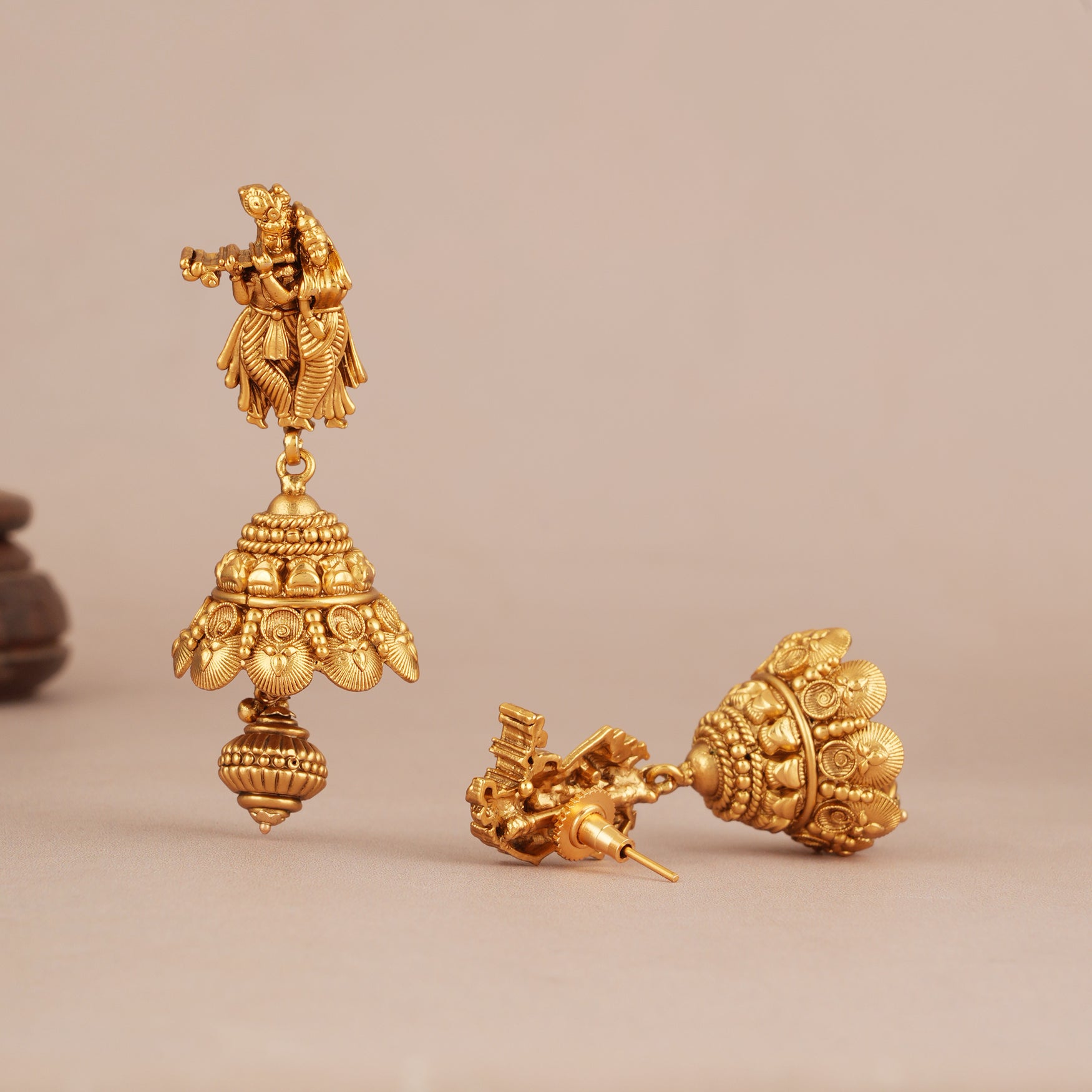Long antique gold plated radha krishna necklace set with jhumka earring