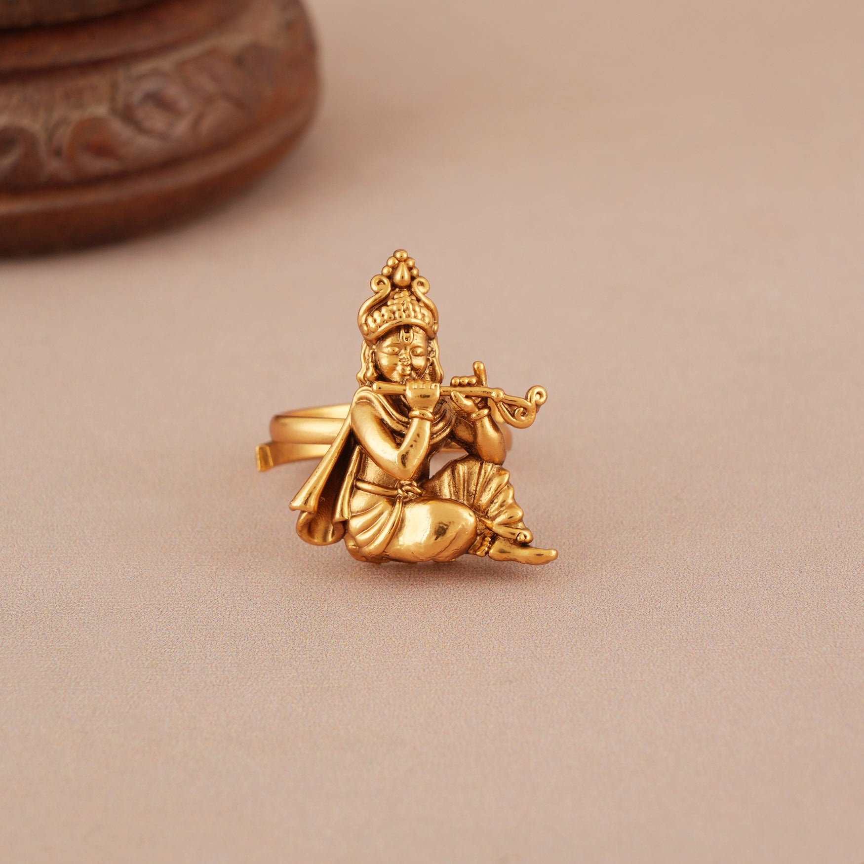 Cute plain antique gold adjustable krishna finger ring