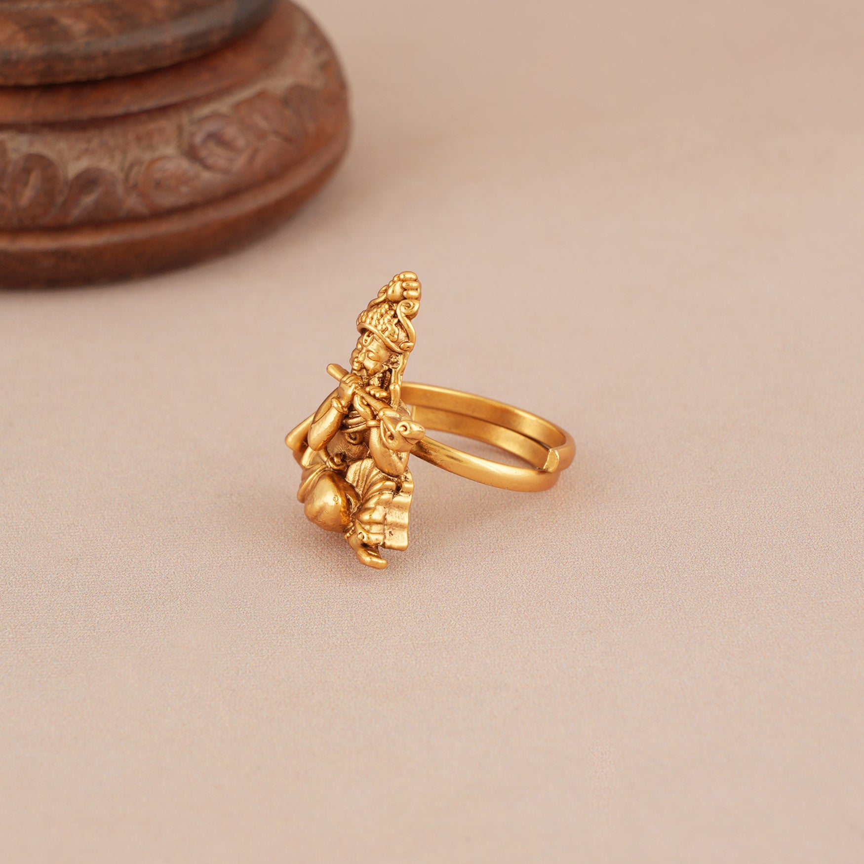 Cute plain antique gold adjustable krishna finger ring