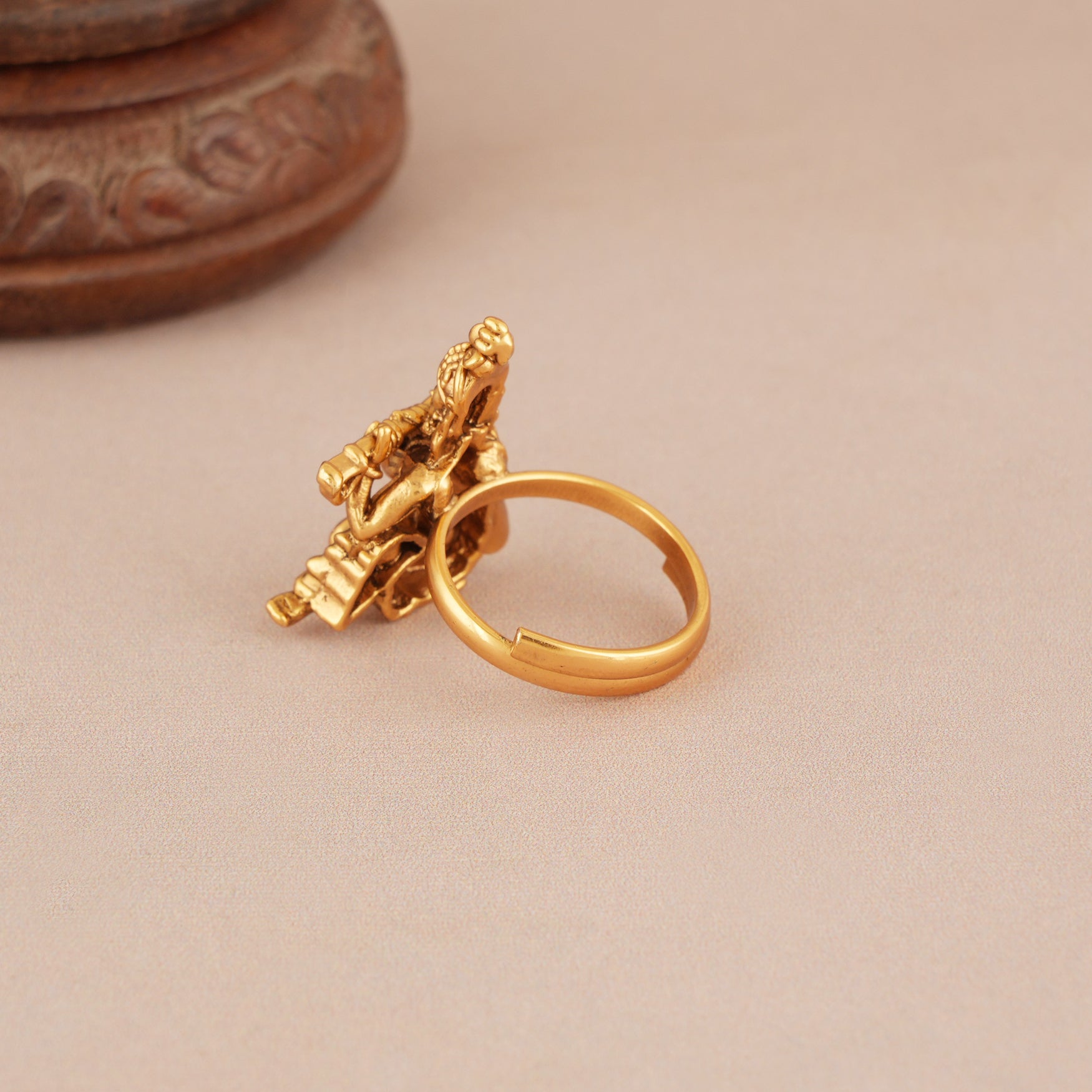 Cute plain antique gold adjustable krishna finger ring