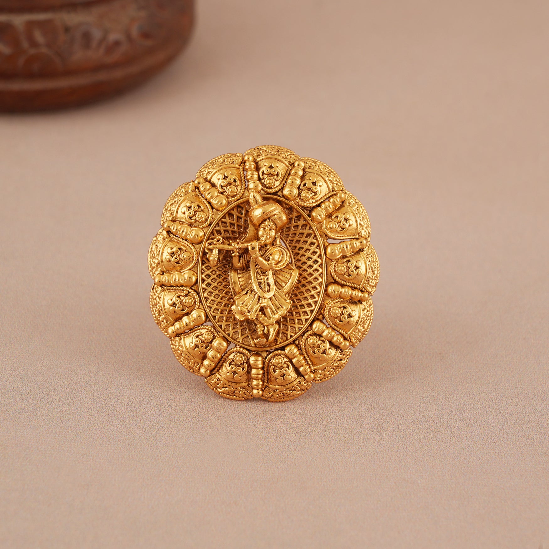 Auspicious antique gold plated krishna finger ring