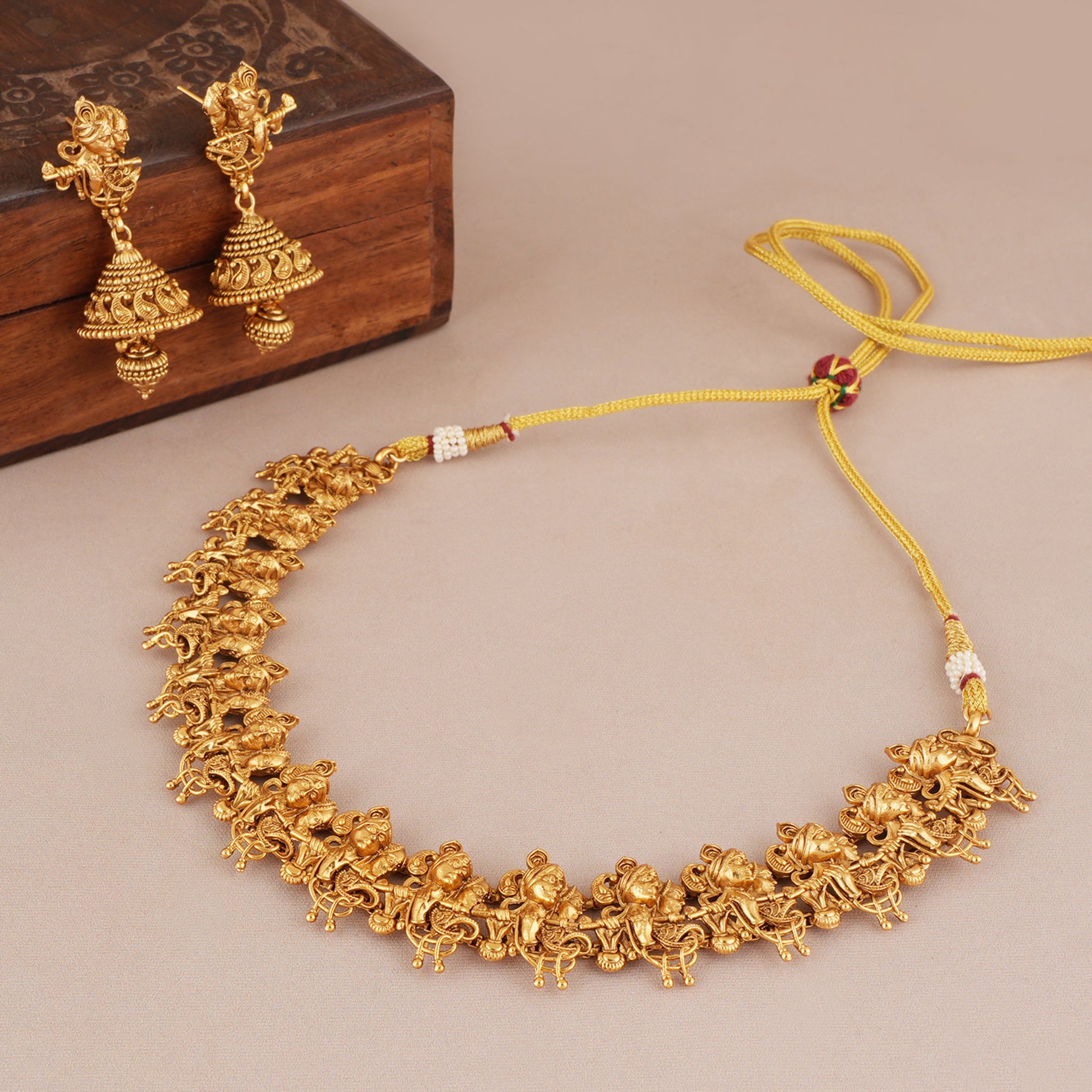 Antique gold plated radha krishna necklace set