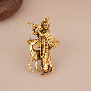 Long antique gold plated lord krishna finger ring