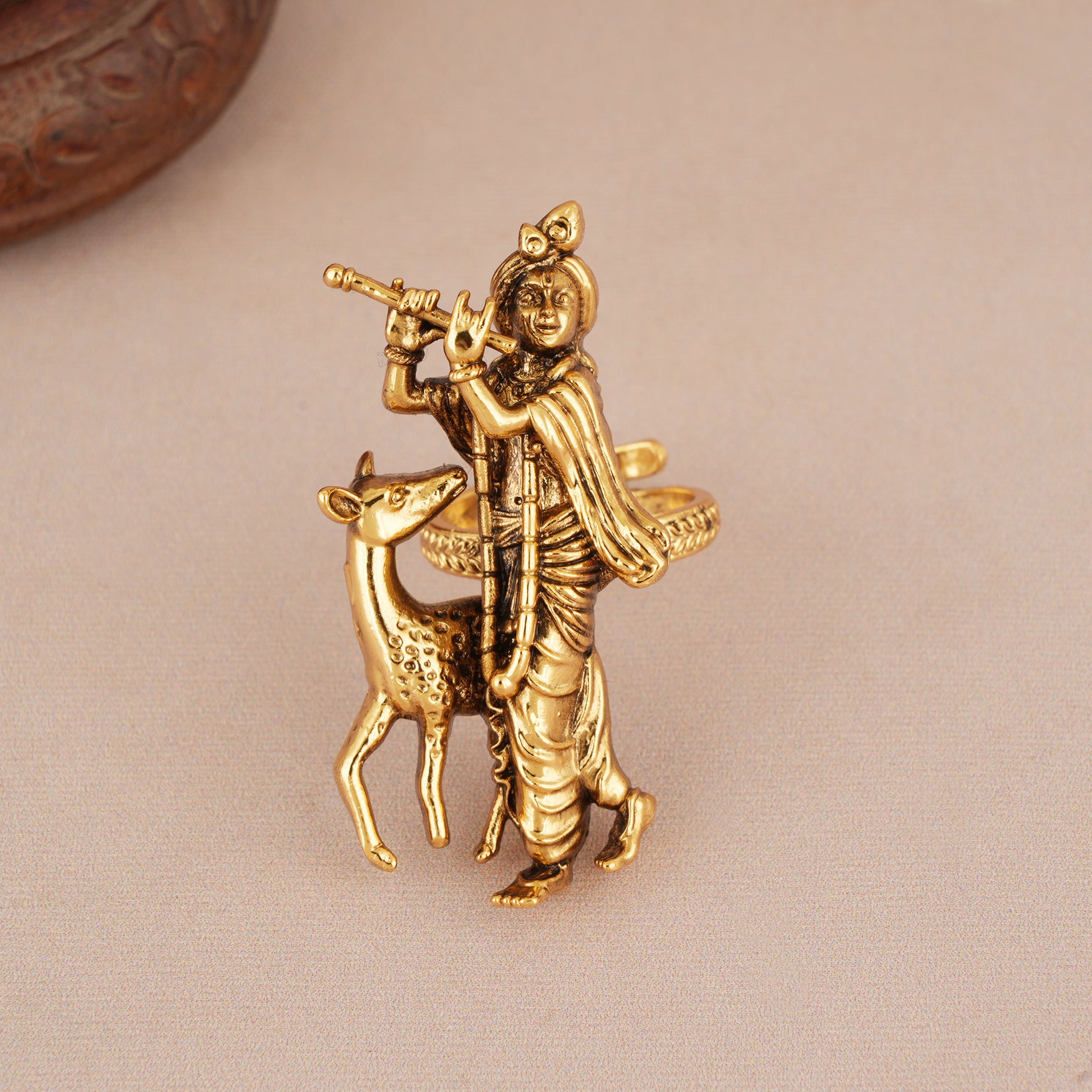 Long antique gold plated lord krishna finger ring