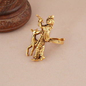 Long antique gold plated lord krishna finger ring