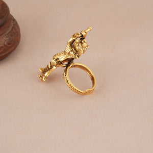 Long antique gold plated lord krishna finger ring