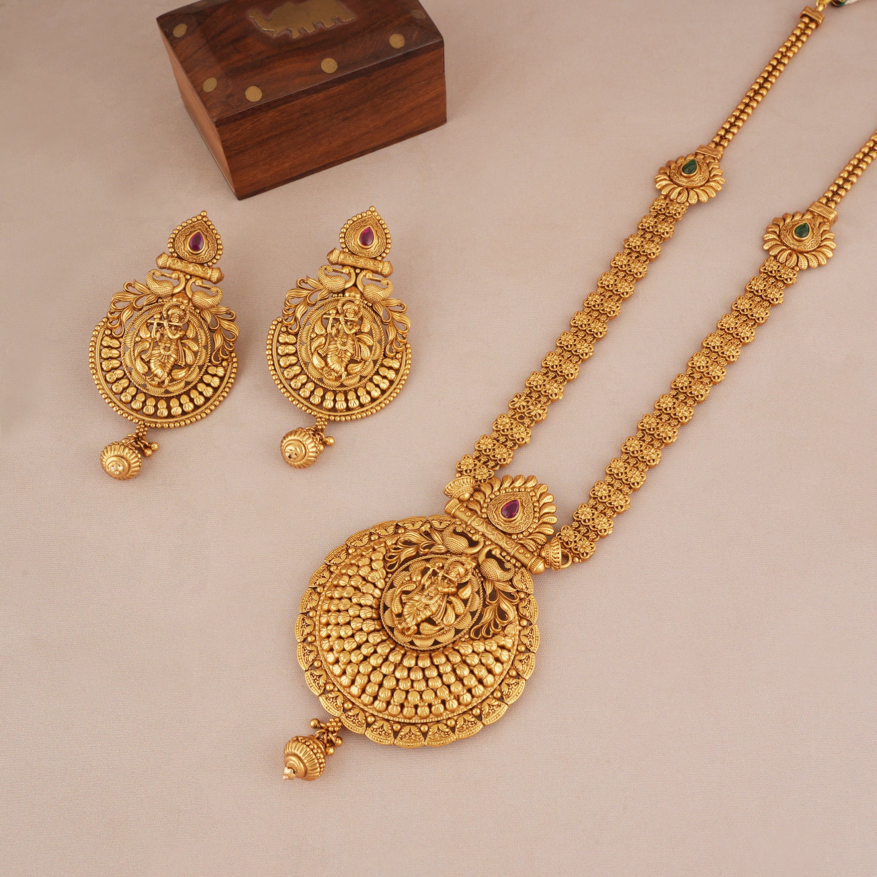 Long antique gold lord krishna necklace set I Temple Jewellery