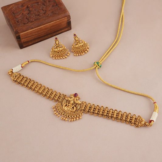 Cute plain antique gold maa lakshmi choker necklace set I Temple Jewellery