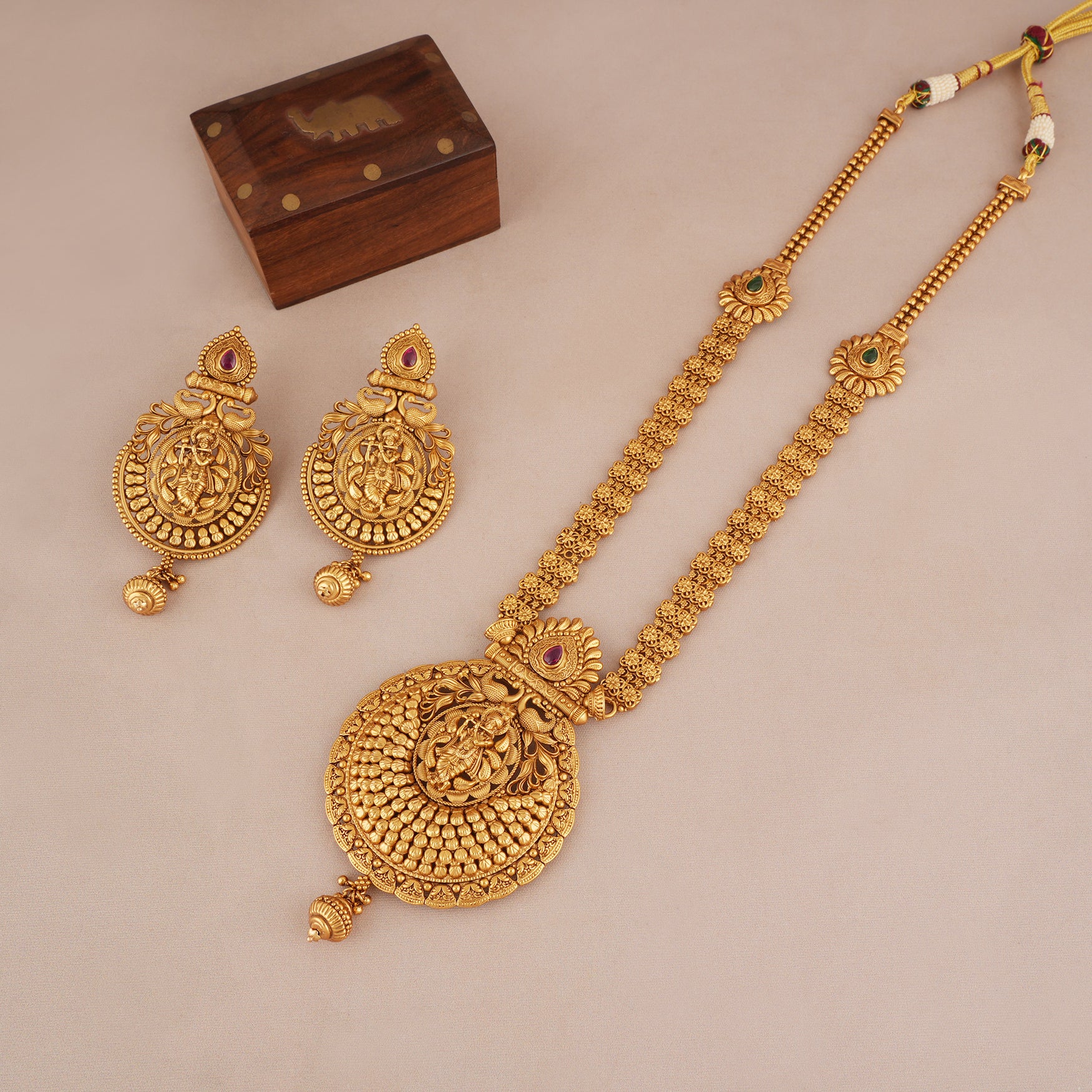 Long antique gold lord krishna necklace set I Temple Jewellery