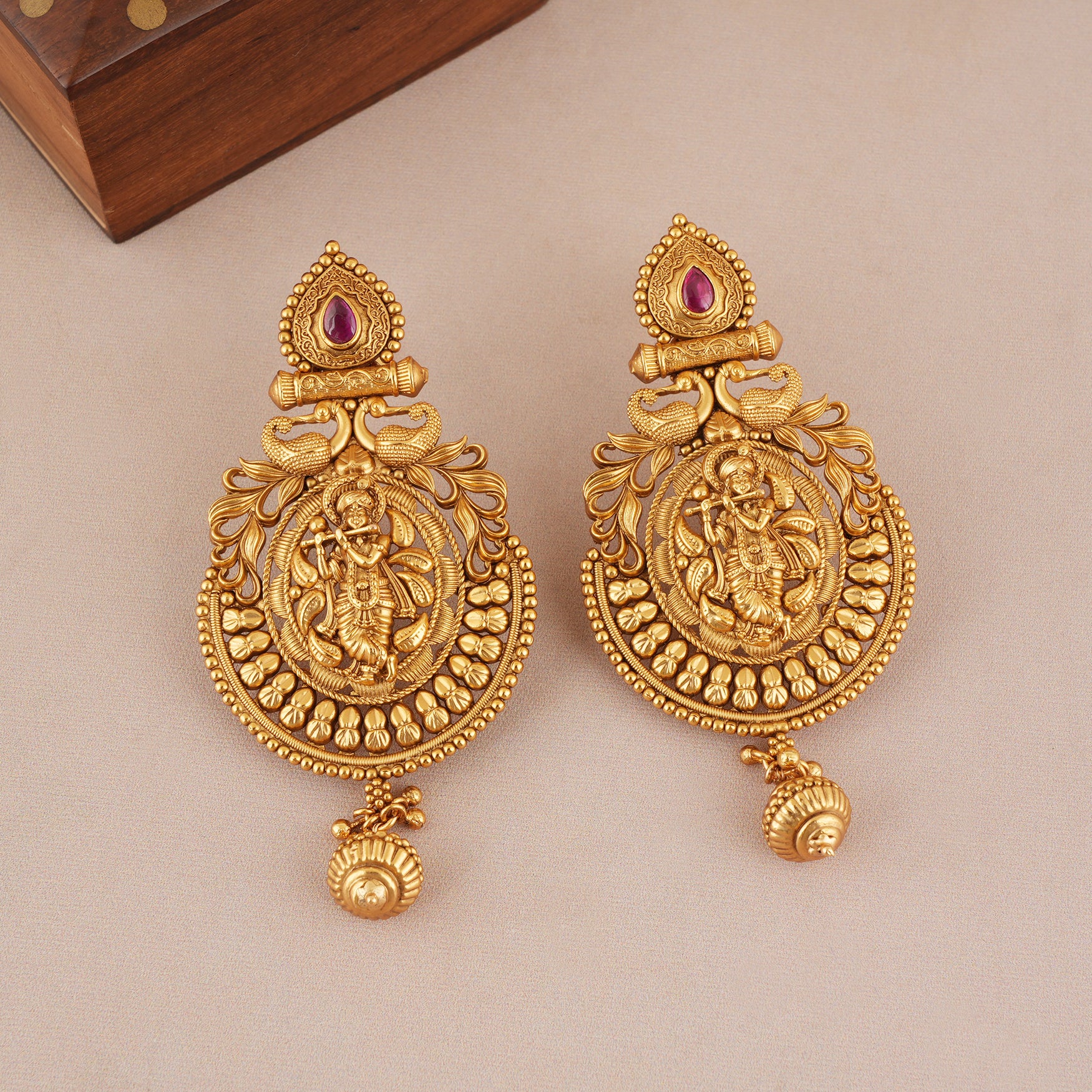Long antique gold lord krishna necklace set I Temple Jewellery
