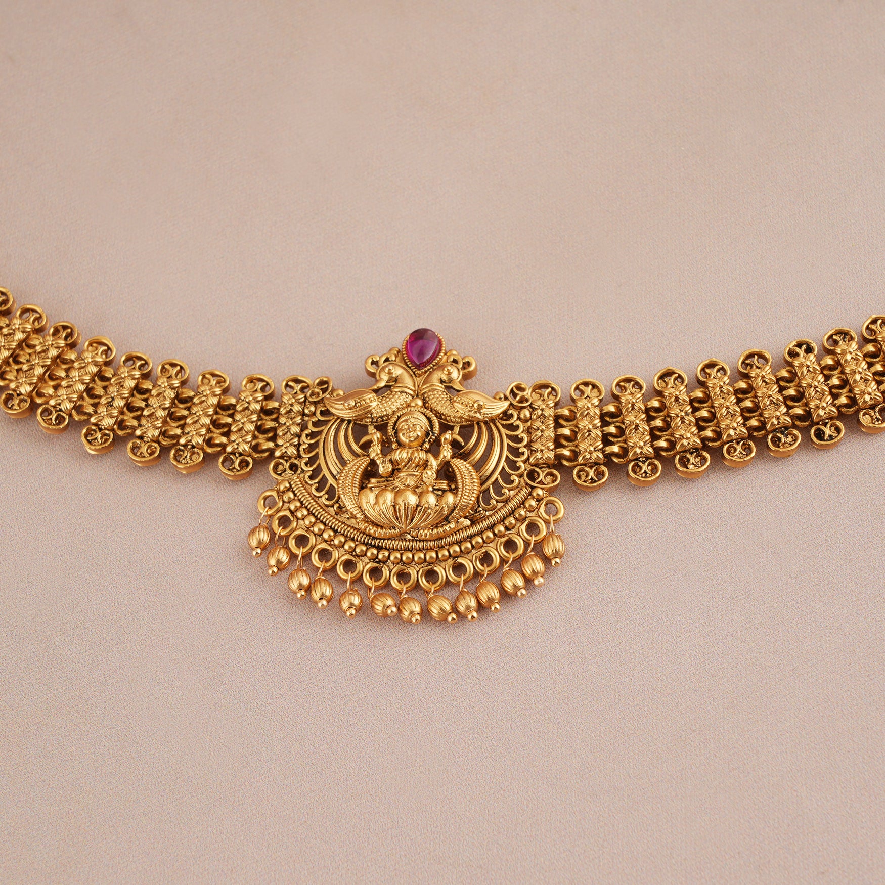 Cute plain antique gold maa lakshmi choker necklace set I Temple Jewellery
