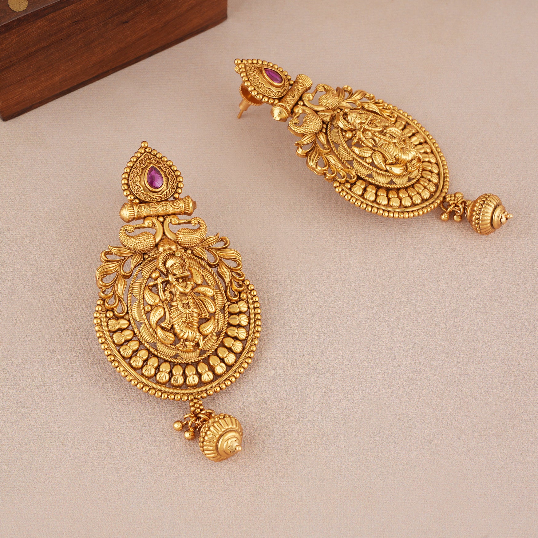 Long antique gold lord krishna necklace set I Temple Jewellery