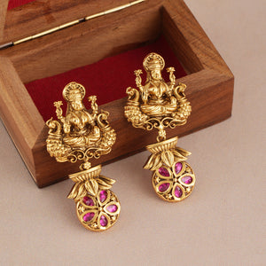 Long antique gold plated ma lakshmi ruby stone earring I Temple Jewellery