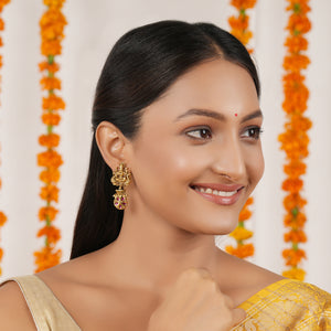 Long antique gold plated ma lakshmi ruby stone earring I Temple Jewellery